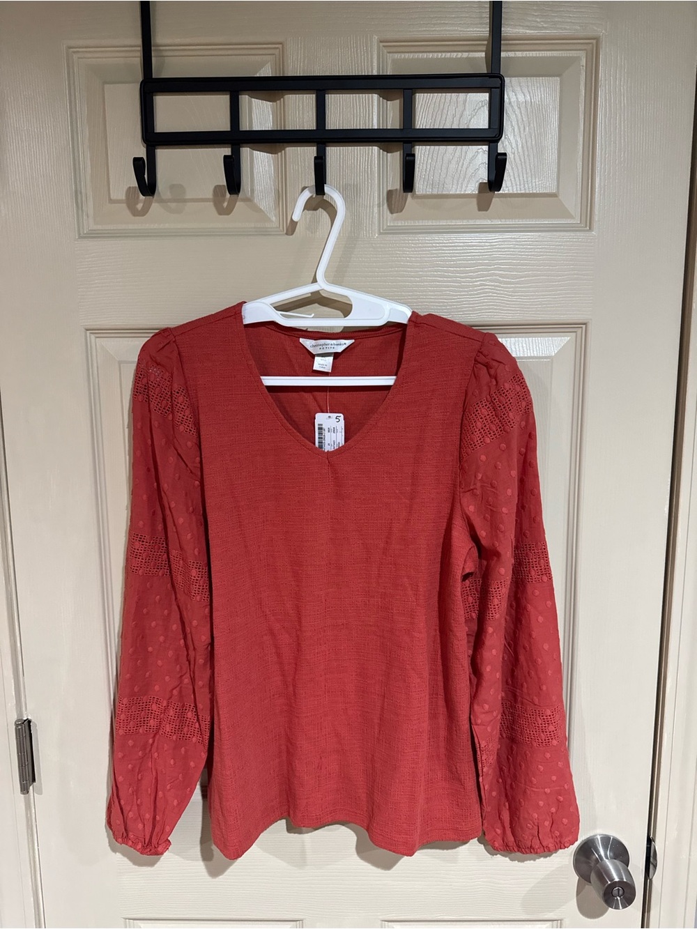Christopher & Banks Rust Red V-Neck Eyelet Sleeve Blouse